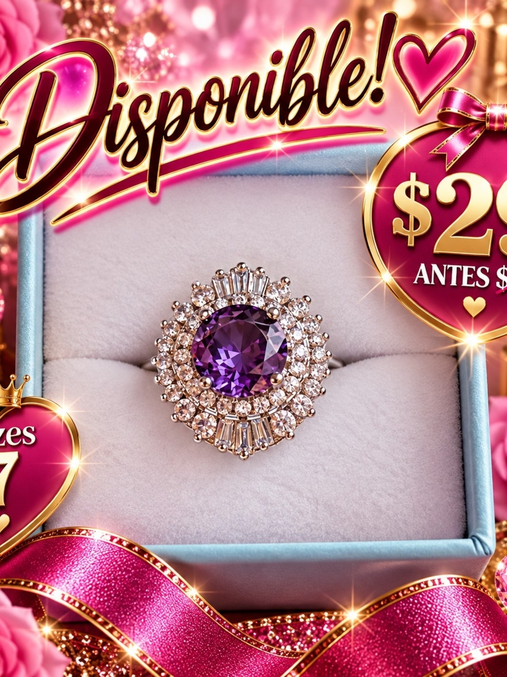 Elegant Purple Crystal Halo Cocktail Ring - Women Jewelry